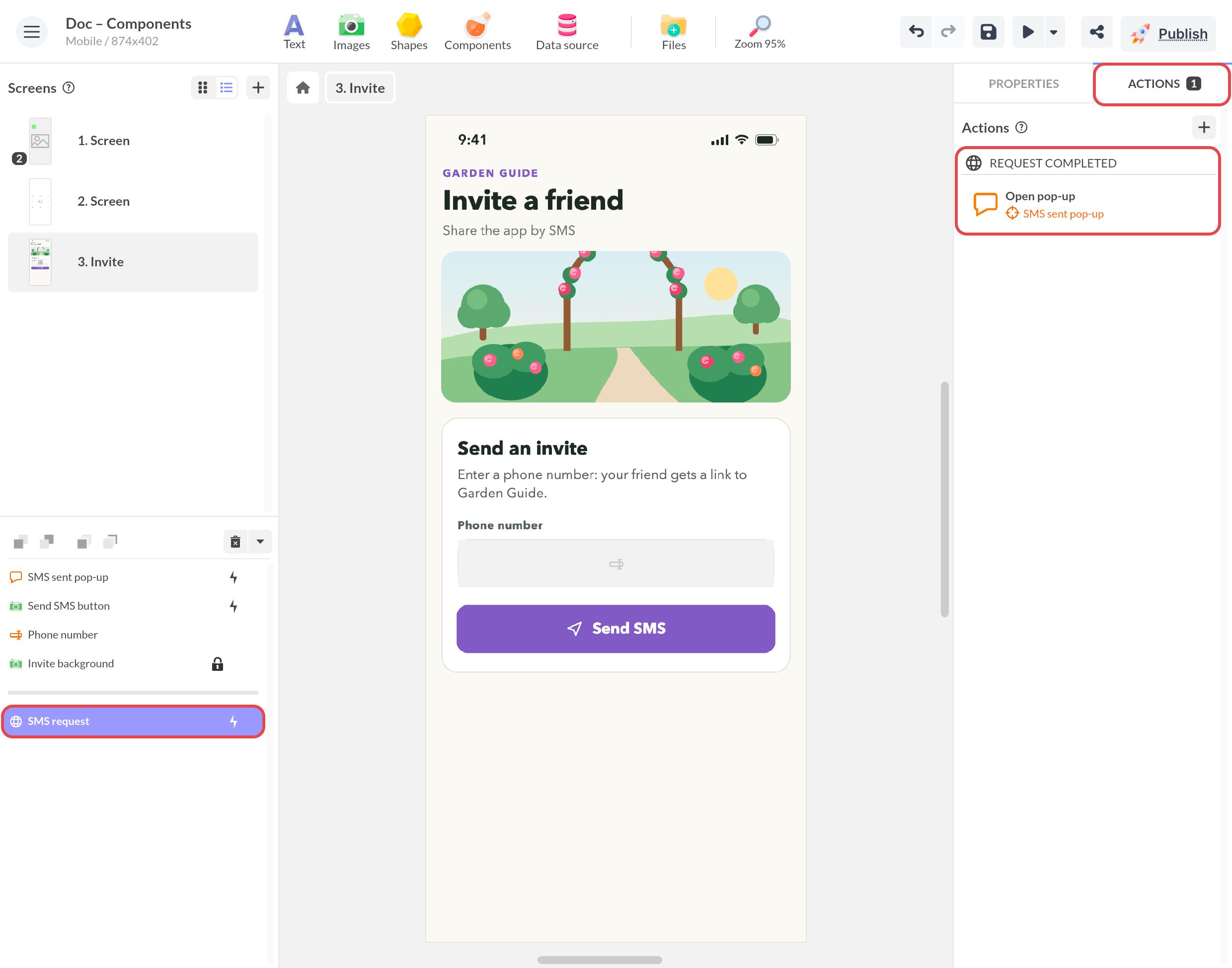 Actions du composant HTTP SMS request : sur le déclencheur Requête complétée, l'action Ouvrir la pop-up cible SMS sent pop-up