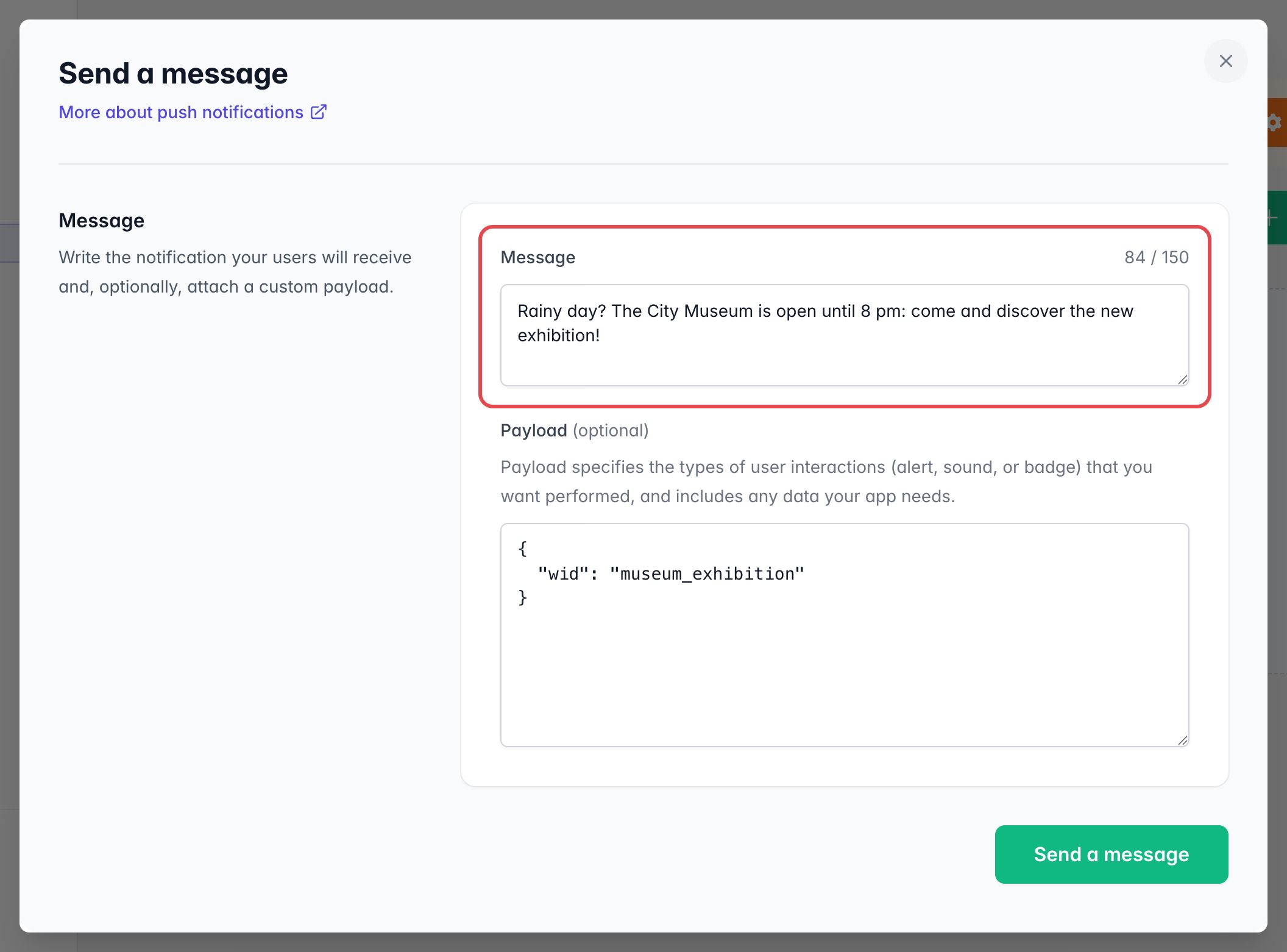 Fenêtre Envoyer un message : un message de 84/150 caractères est encadré ; dessous, un Payload facultatif avec wid et le bouton Envoyer un message