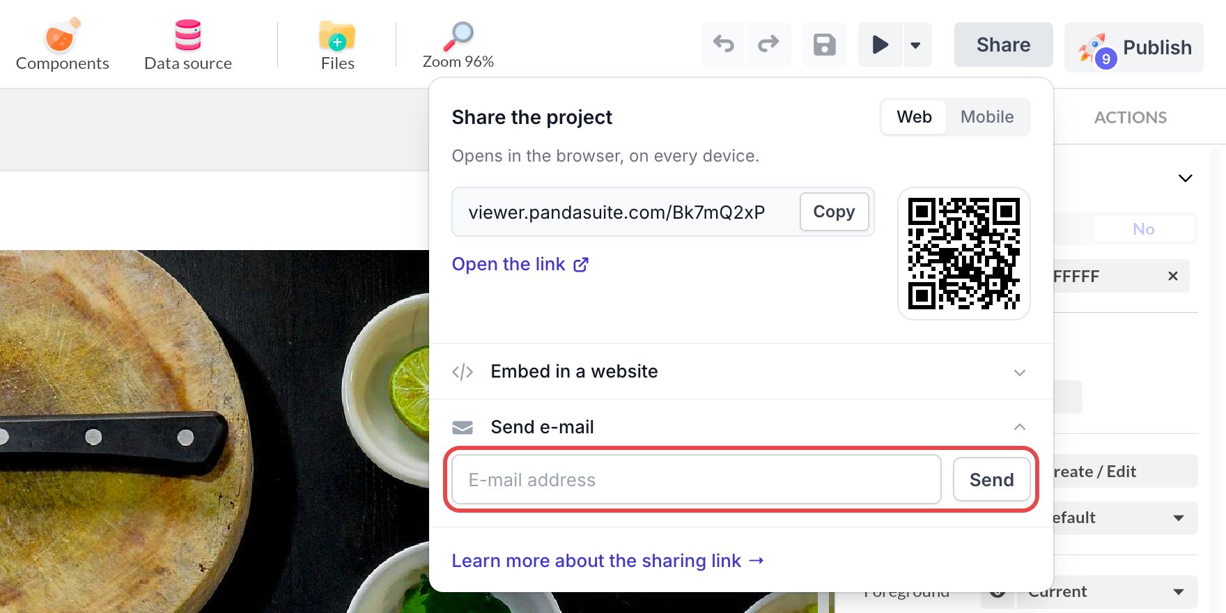 Ligne Send e-mail dépliée dans la fenêtre Share the project : le champ E-mail address et le bouton Send sont encadrés