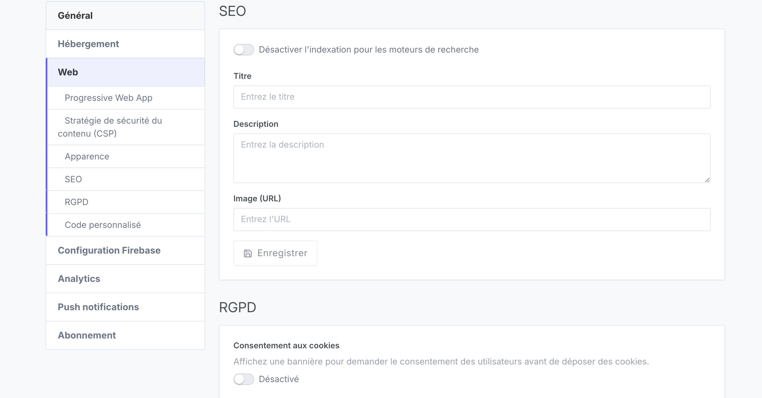 SEO Settings in PandaSuite Dashboard