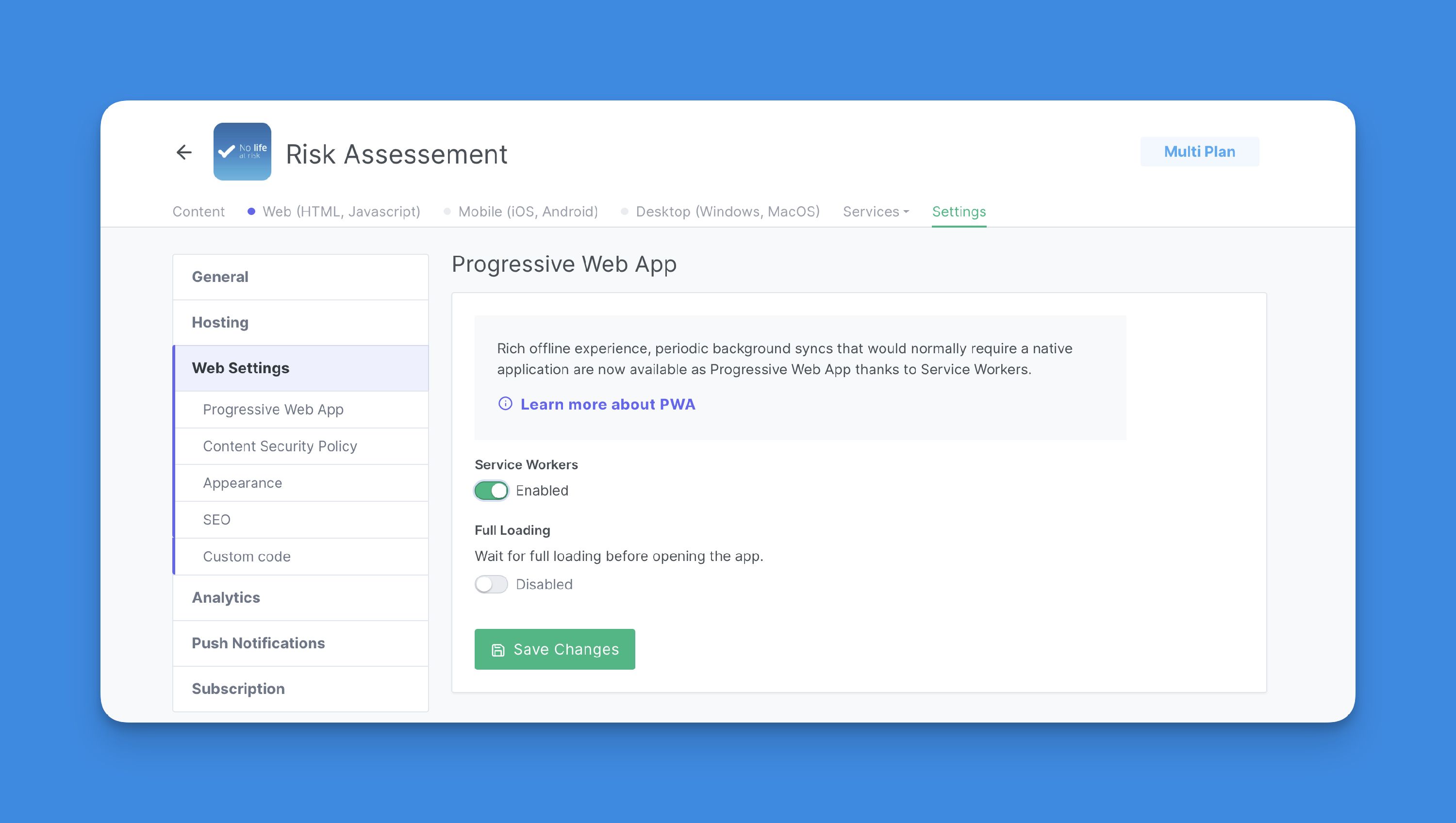 Service workers settings screenshot