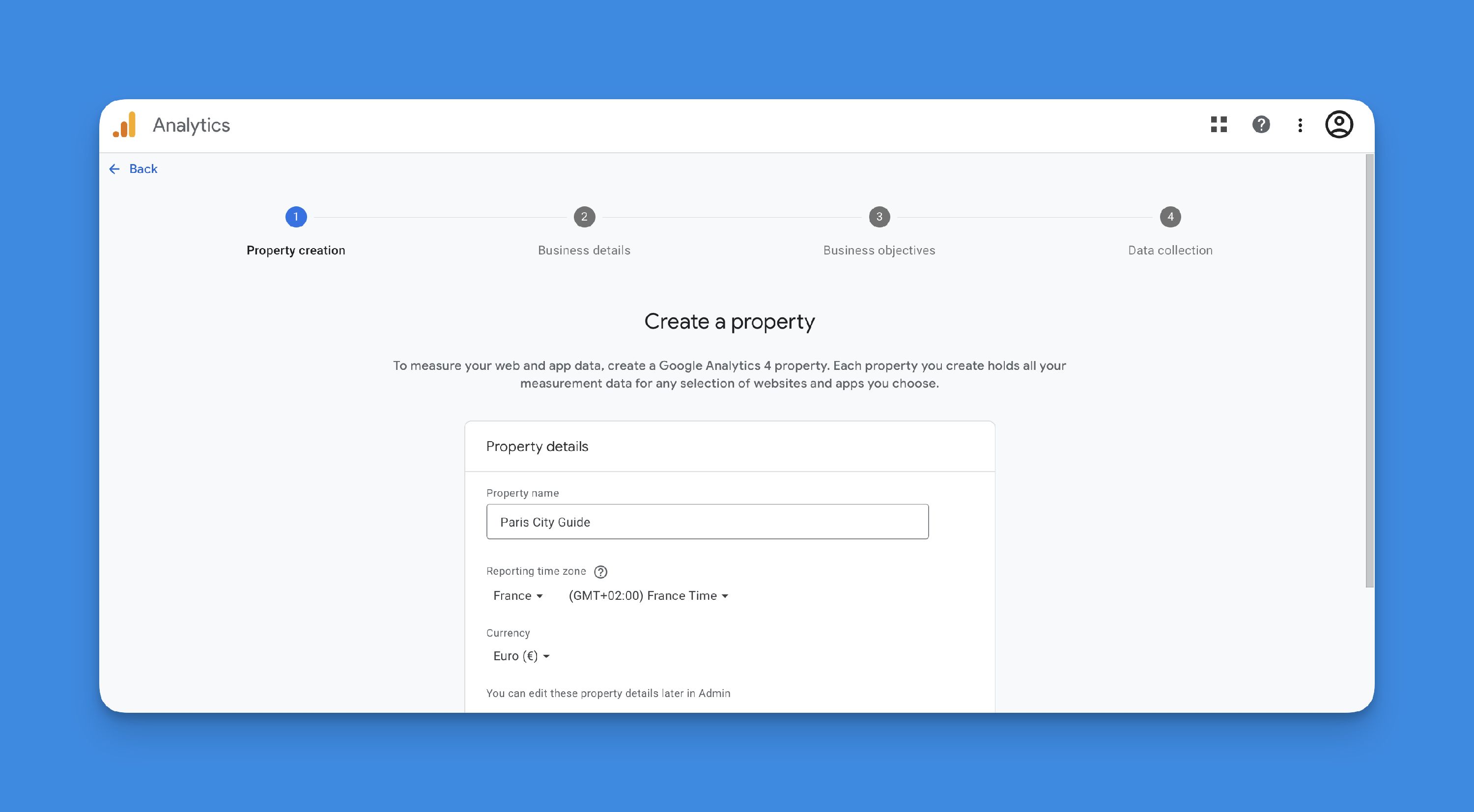 Set property name, time zone, and currency