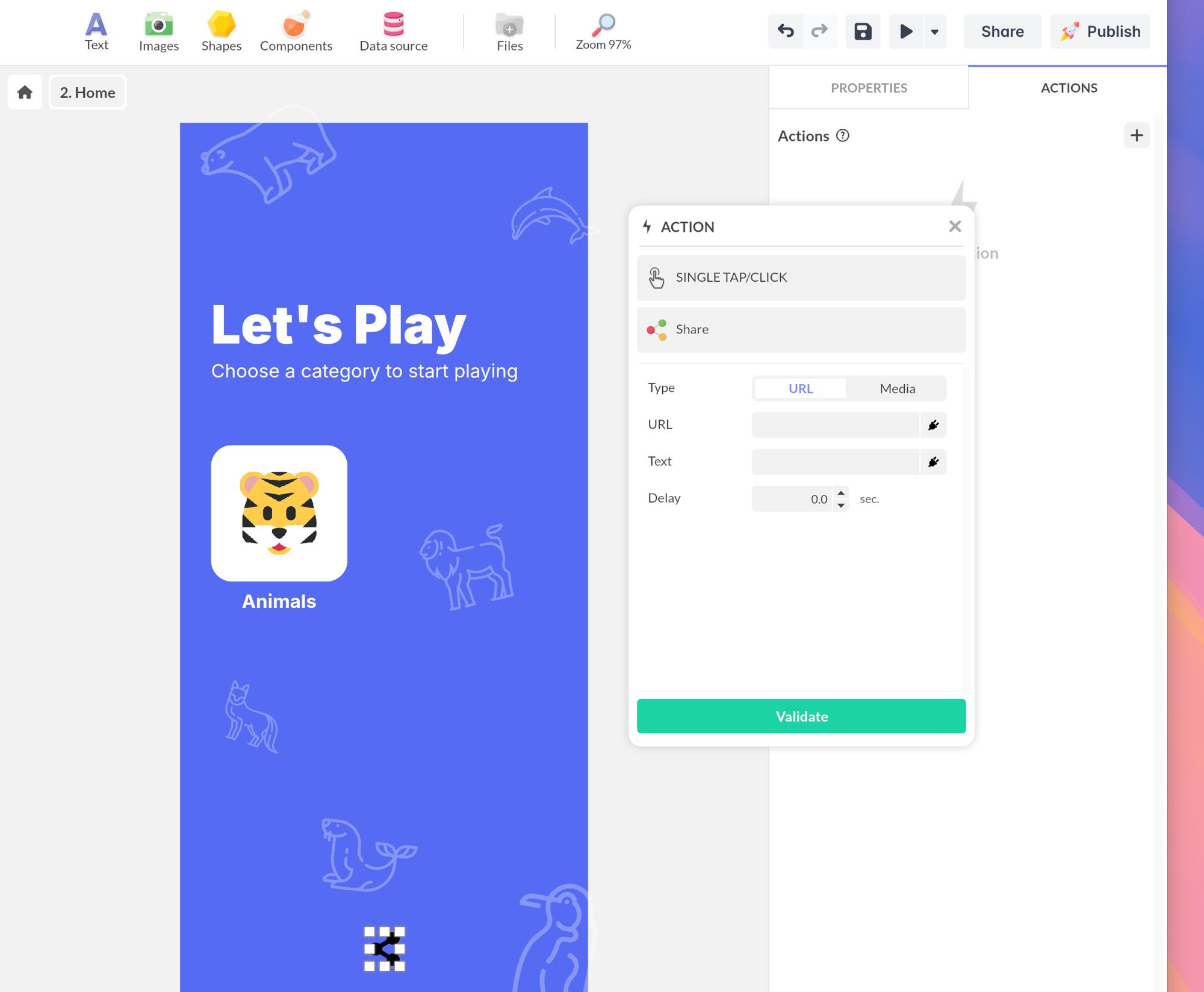Share action configured with a URL