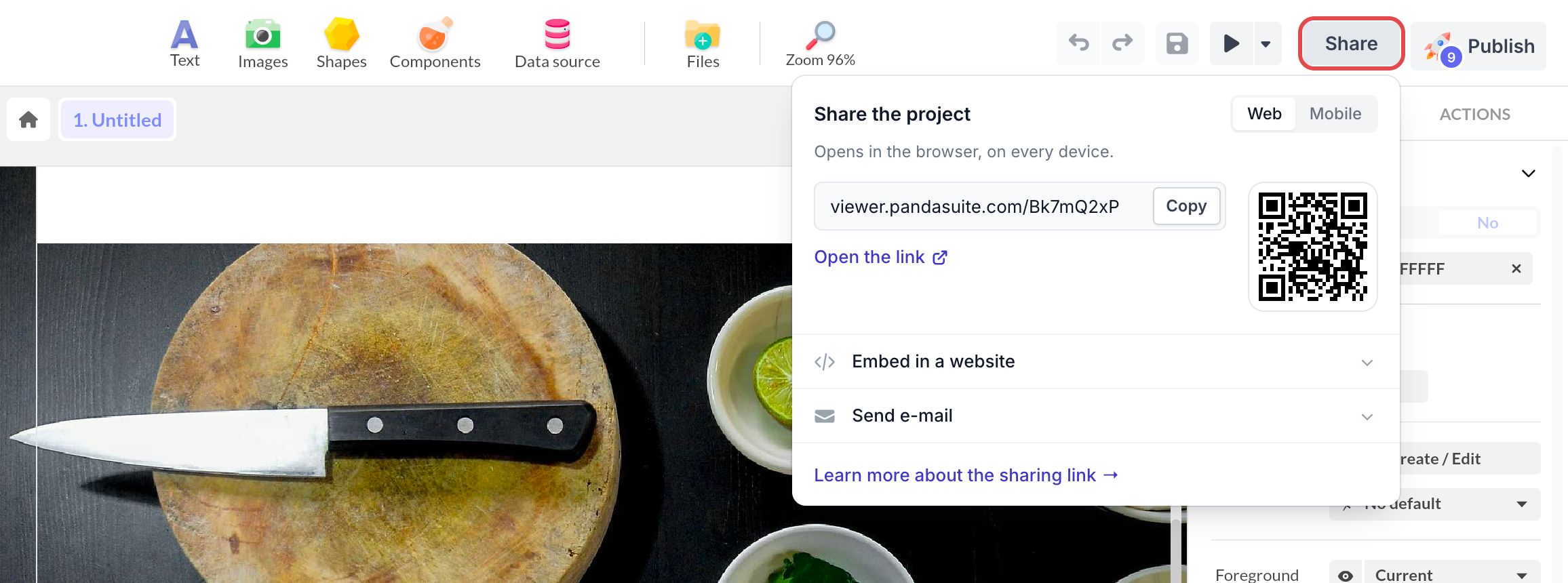 Fenêtre Share the project ouverte sous le bouton Share du Studio, encadré : lien Web, bouton Copy, QR code, Embed in a website et Send e-mail