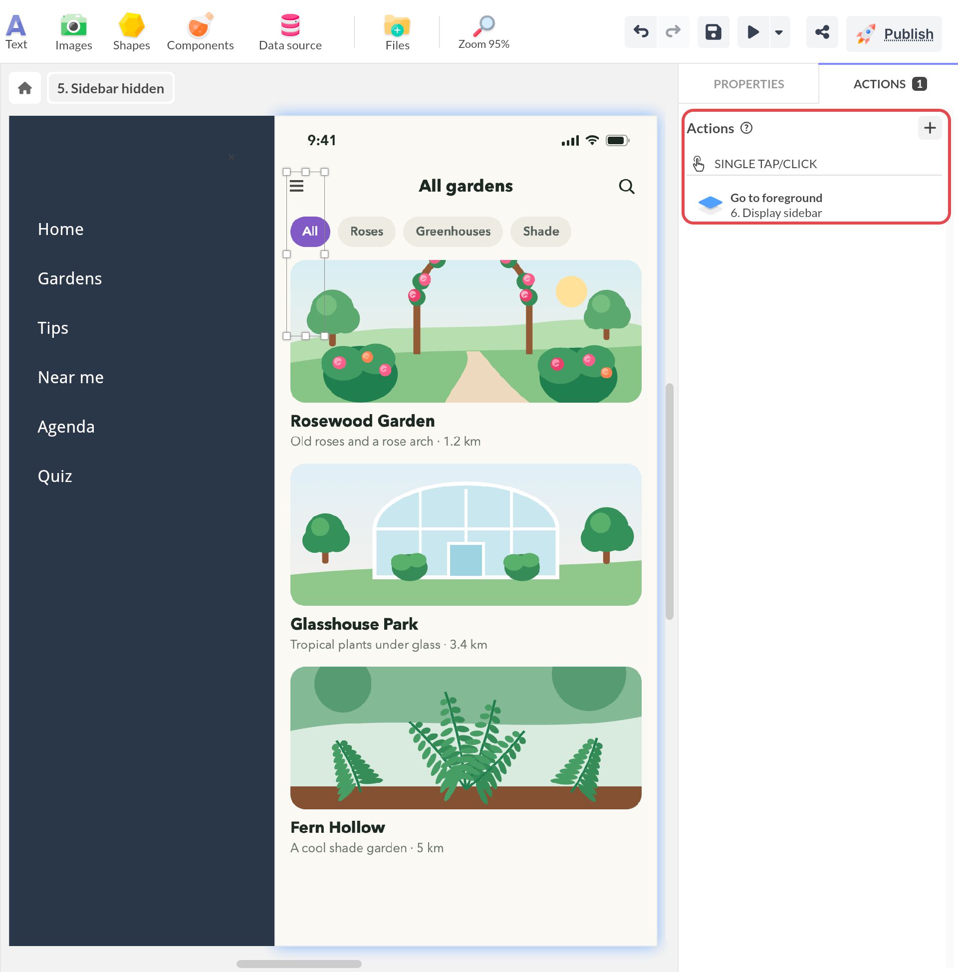 Icône du menu sélectionnée dans le premier avant-plan, avec son action Single tap → Change foreground vers Display sidebar