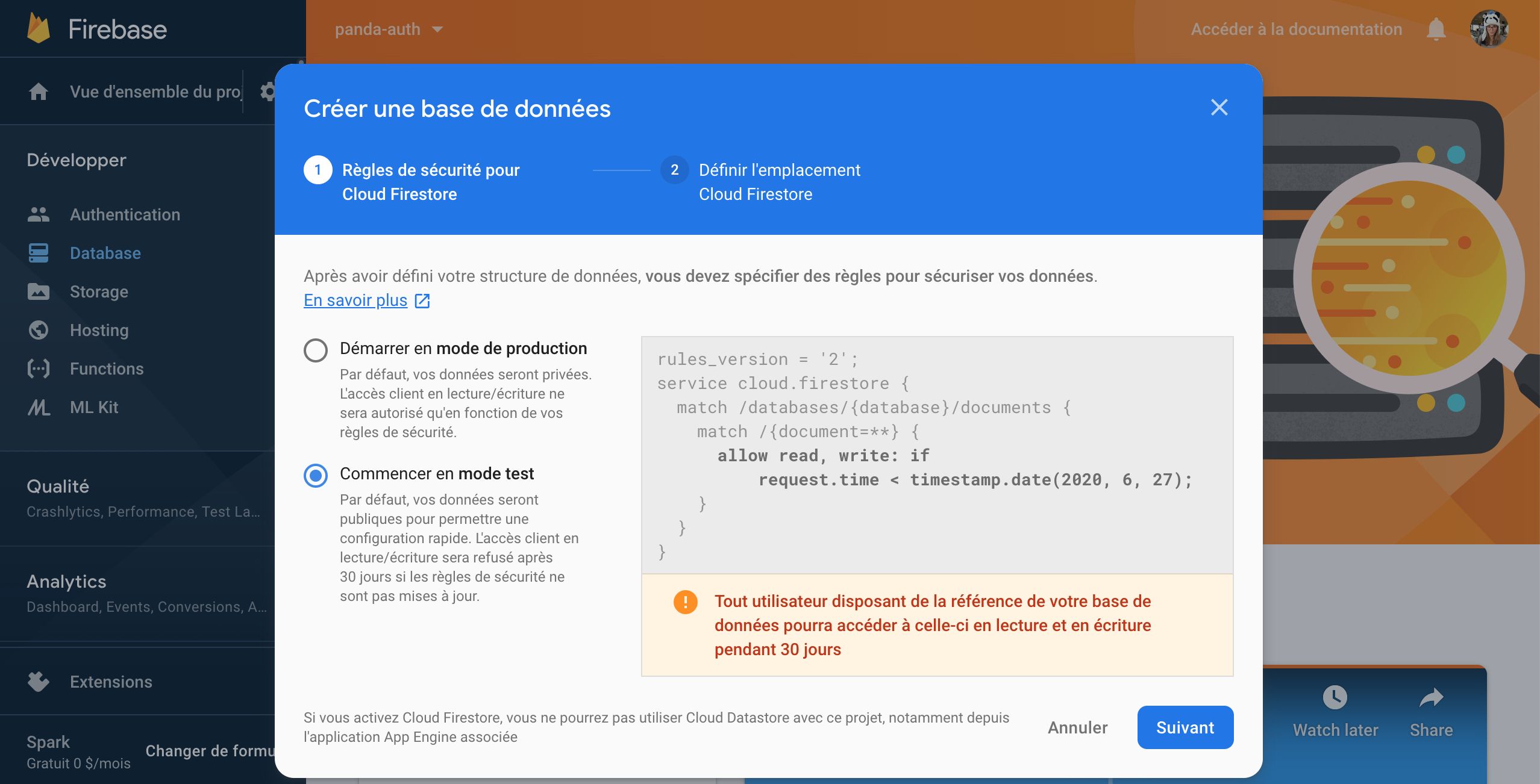 Starting Firestore in test mode