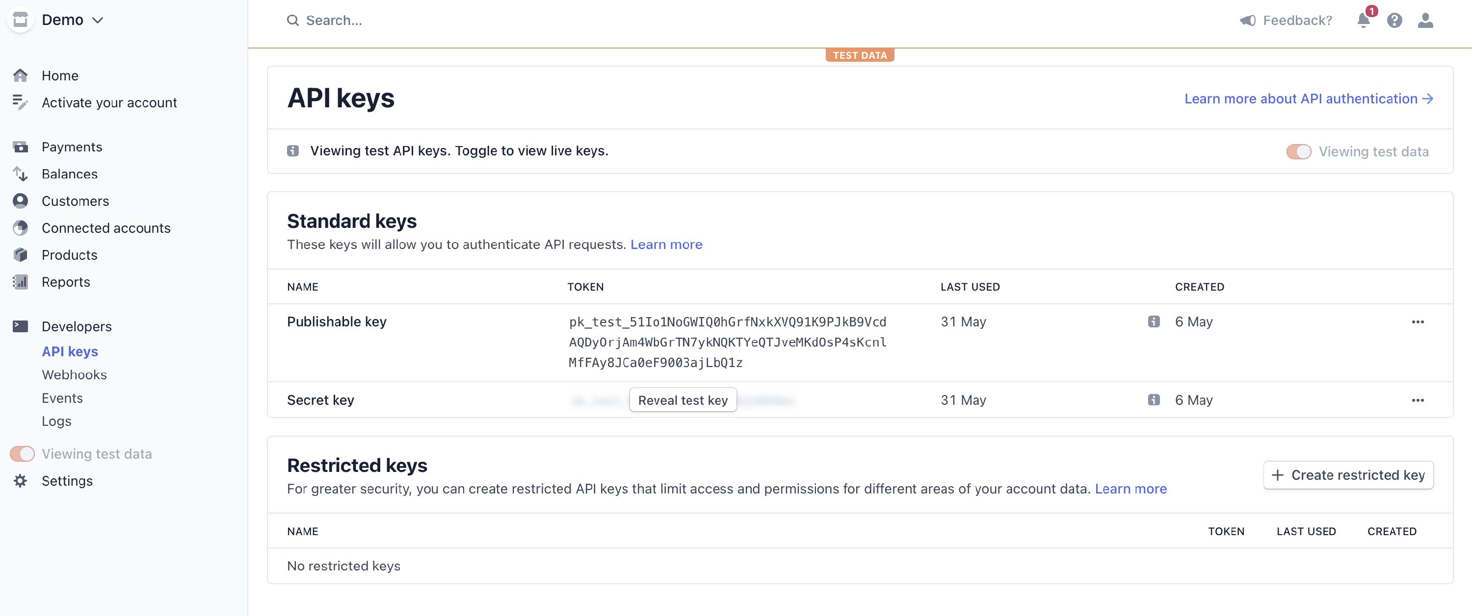 Stripe dashboard interface