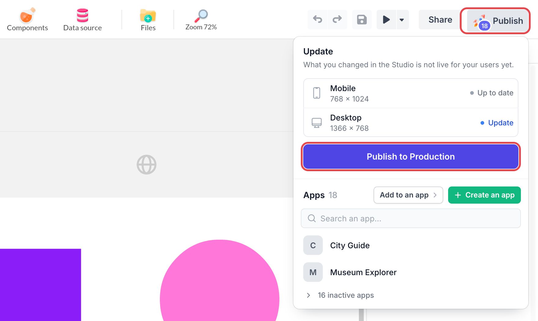 Panneau Publier du Studio : layout Mobile Up to date, layout Desktop en Update ; Publish et Publish to Production sont encadrés