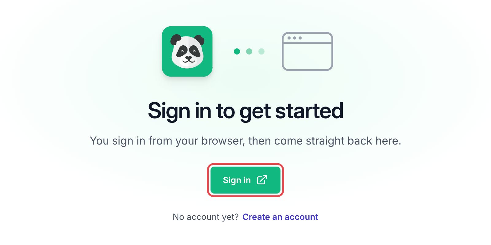 Écran Sign in to get started de PandaSuite Studio : le bouton Sign in est encadré, au-dessus du lien Create an account