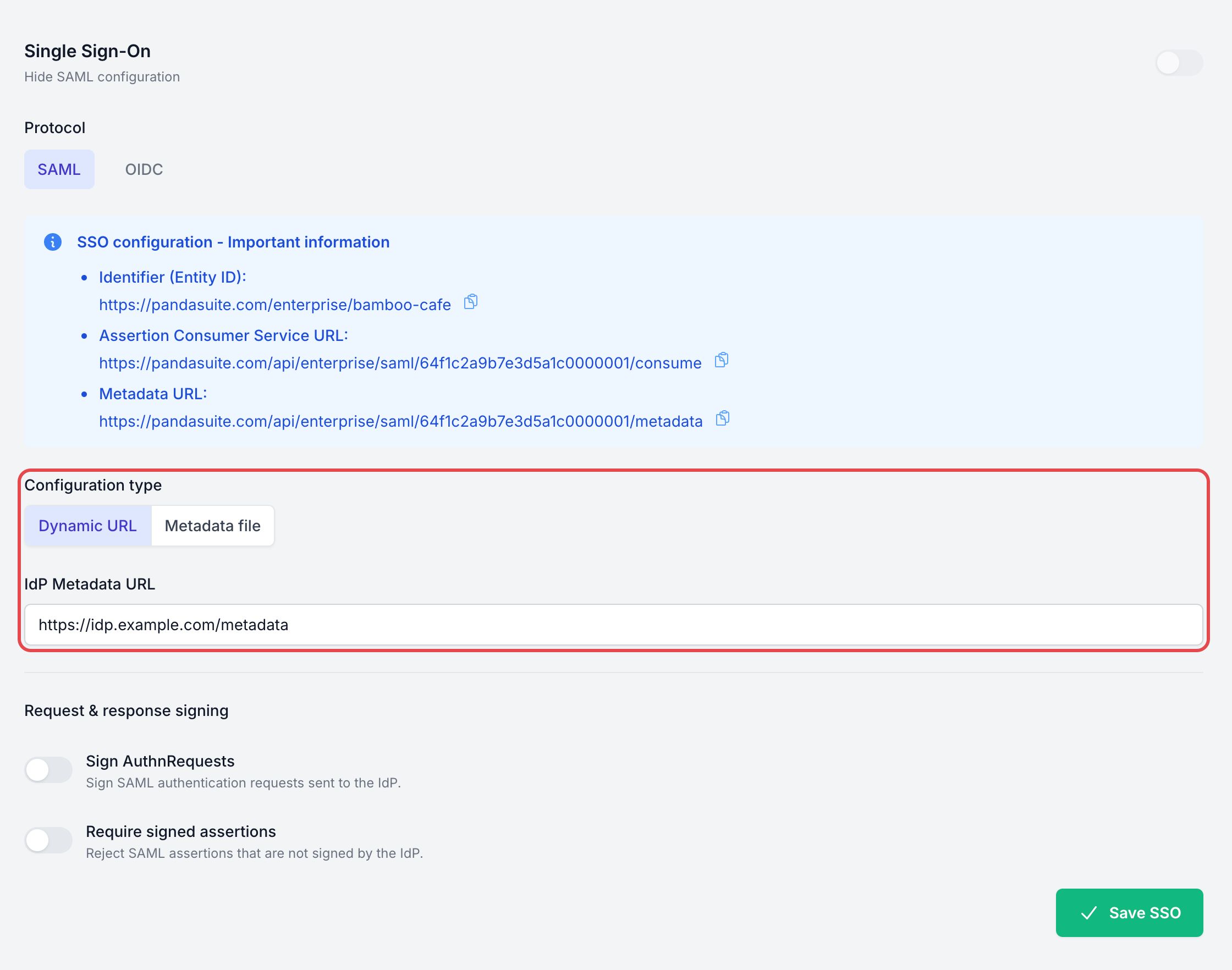 Section Single Sign-On d'une organisation : protocole SAML, informations PandaSuite, et Configuration type et IdP Metadata URL encadrés