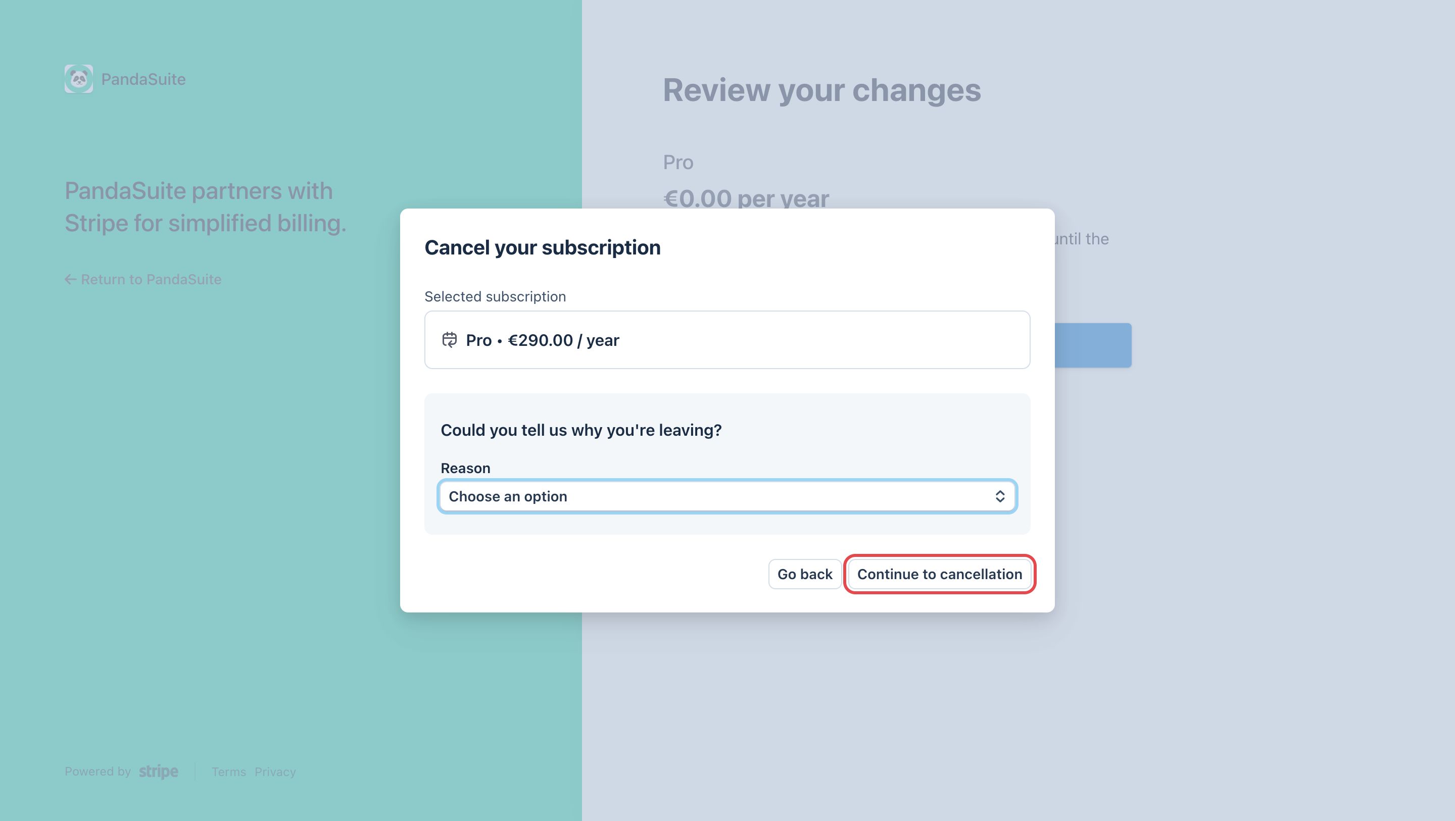 Page Stripe, fenêtre Cancel your subscription : l'abonnement Pro sélectionné, la liste Reason et le bouton Continue to cancellation encadré