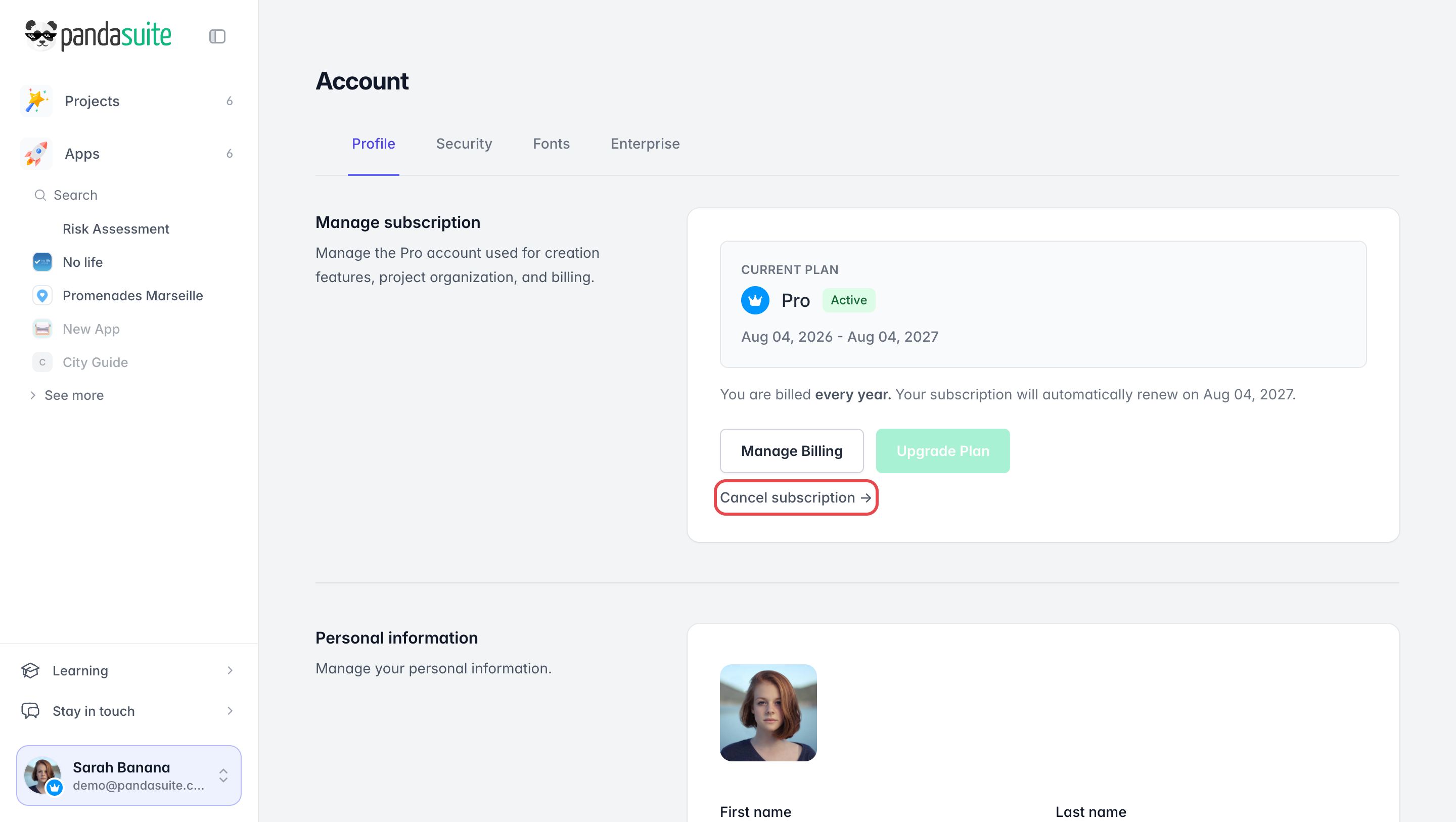 Section Manage subscription de l'onglet Profile : la formule Pro active avec Manage Billing et Upgrade Plan, et le lien Cancel subscription encadré
