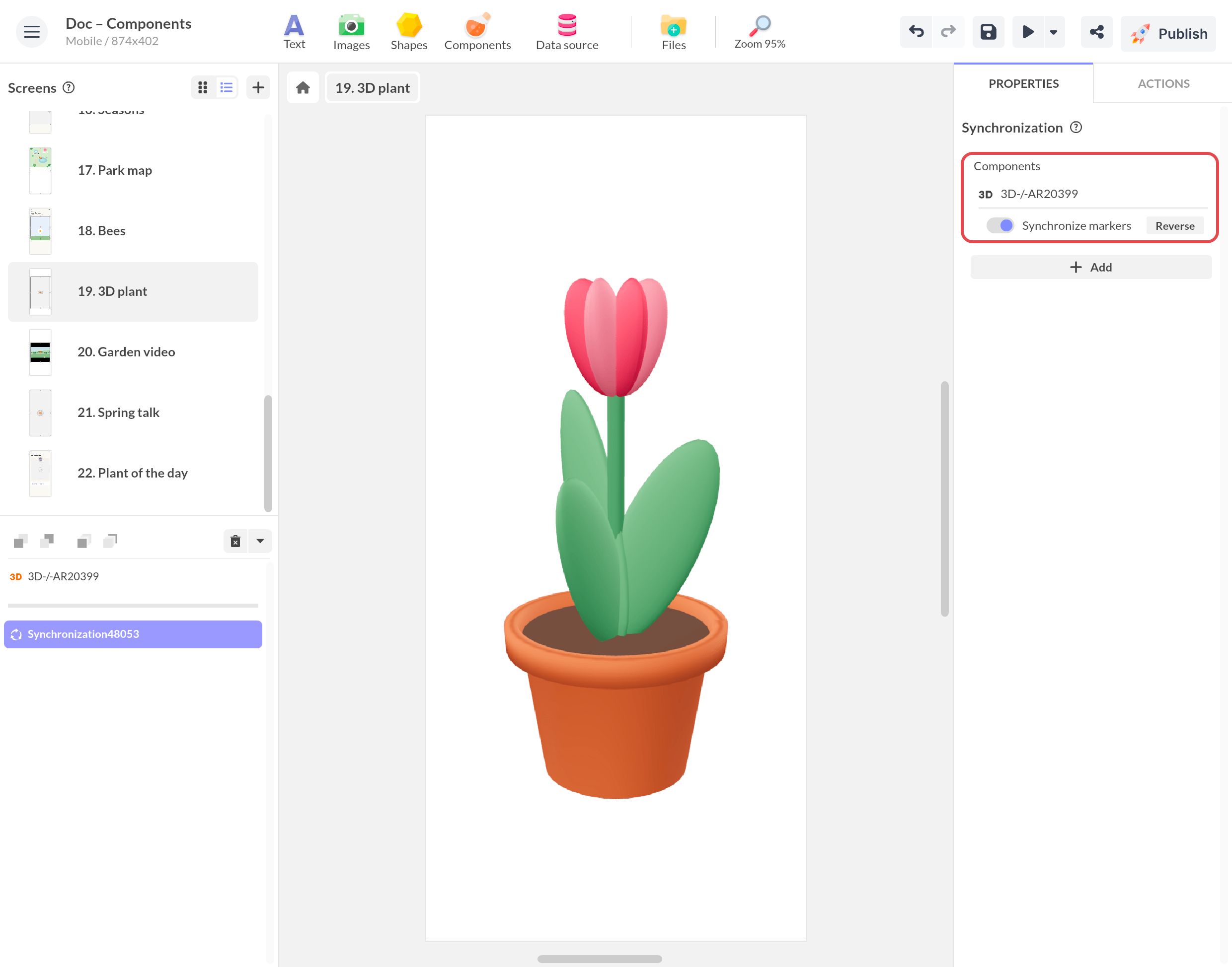 Propriétés de la Synchronisation à côté d'une tulipe 3D : le composant 3D / AR est ajouté, Synchronize markers activé, encadré, au-dessus de + Add