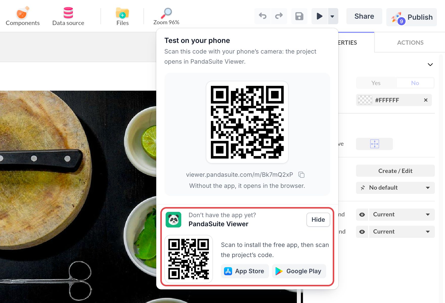 Menu Test on your phone du Studio : la partie PandaSuite Viewer, avec QR code d'installation, App Store et Google Play, est encadrée