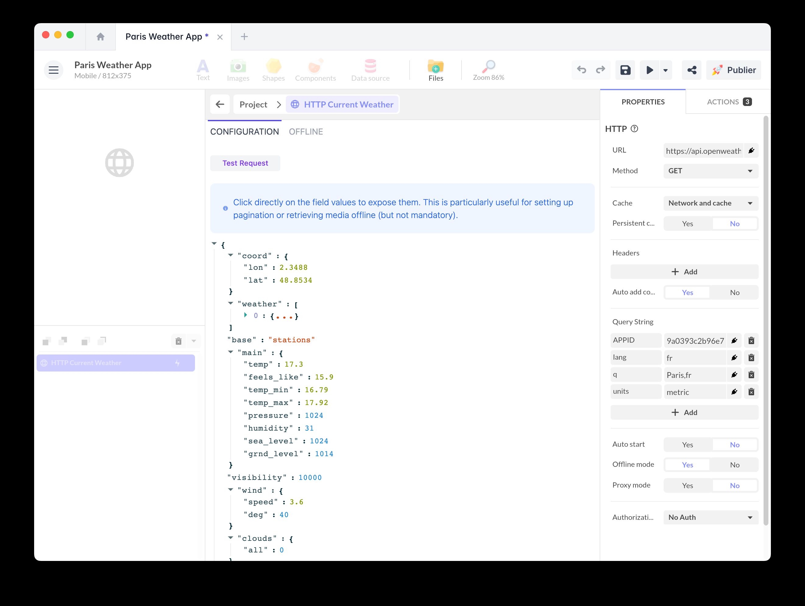 Testing the OpenWeather API request in PandaSuite