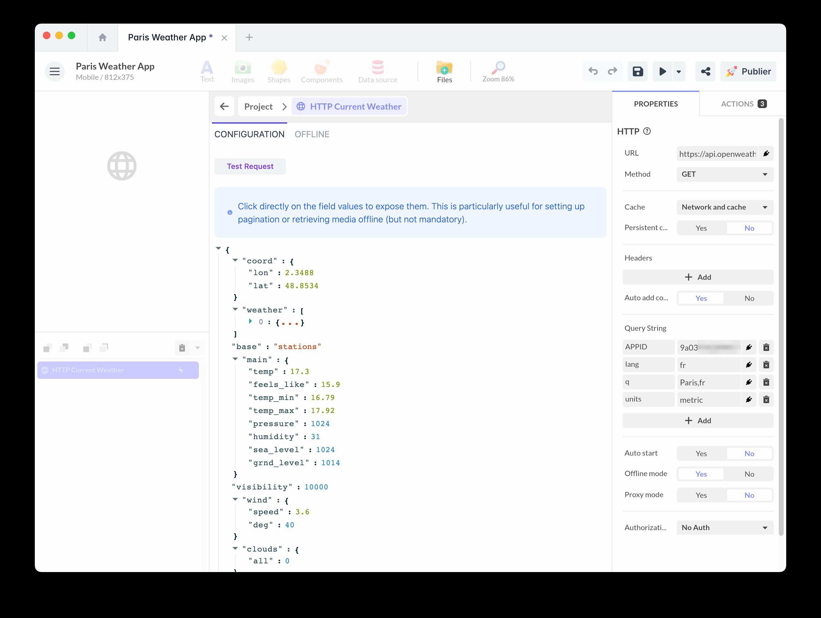 Testing the OpenWeather API request in PandaSuite