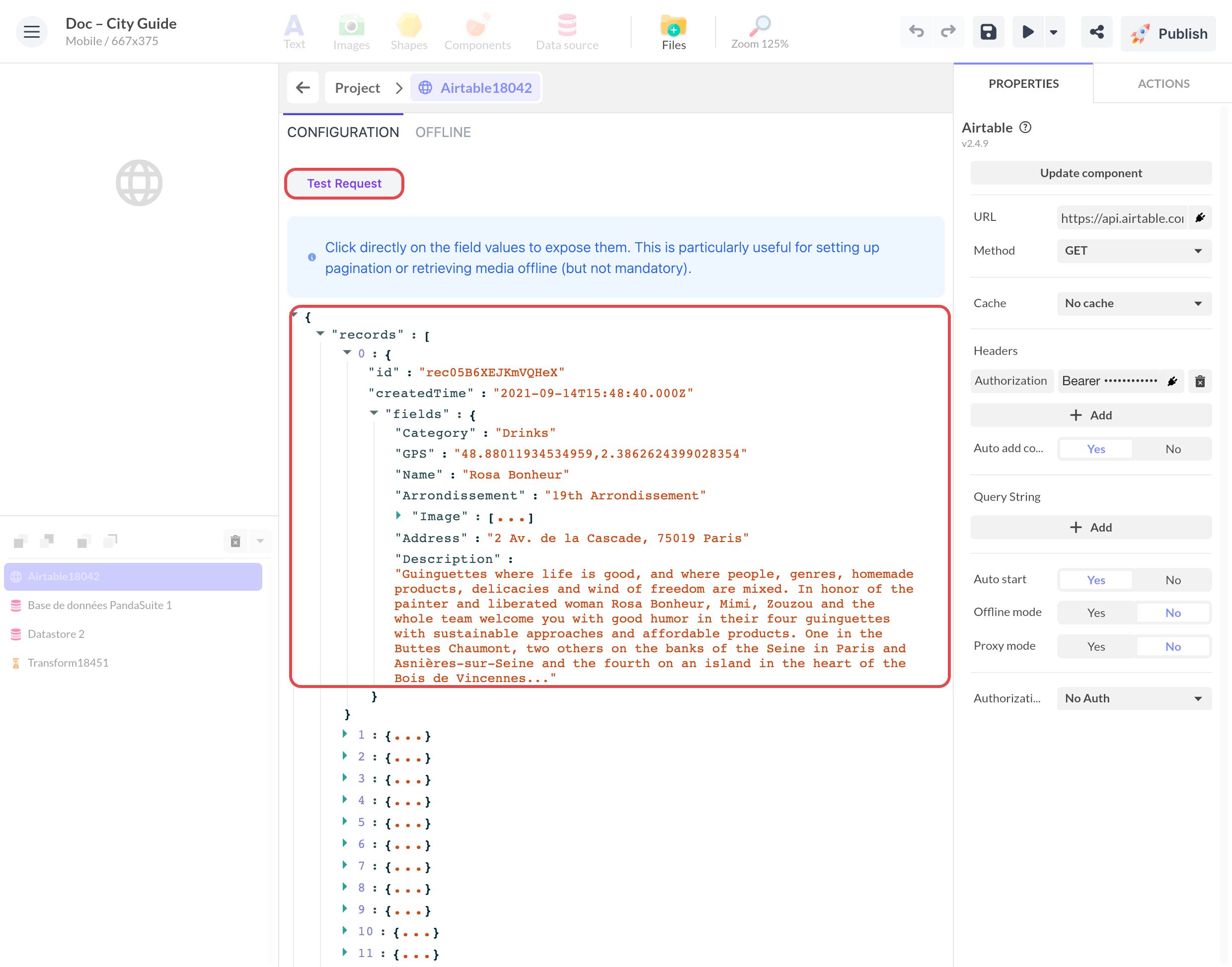 Composant relié à Airtable après Test Request : le JSON renvoyé par Airtable, avec le premier enregistrement et ses champs ; jeton masqué