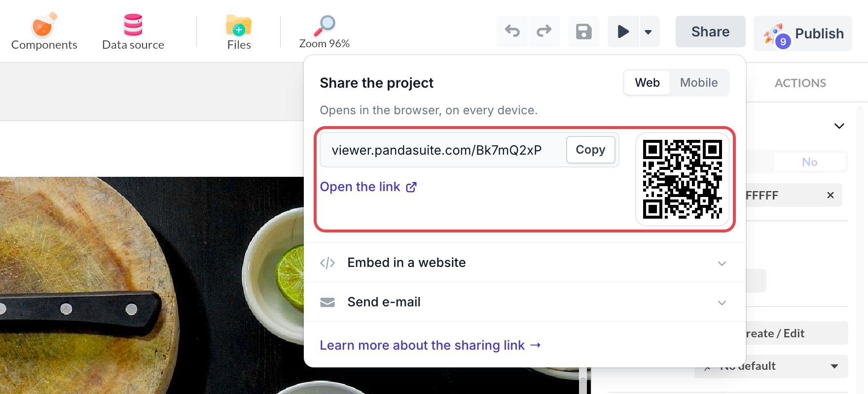 Fenêtre Share the project dans Studio : le lien Web du projet, son bouton Copy et son QR code sont encadrés