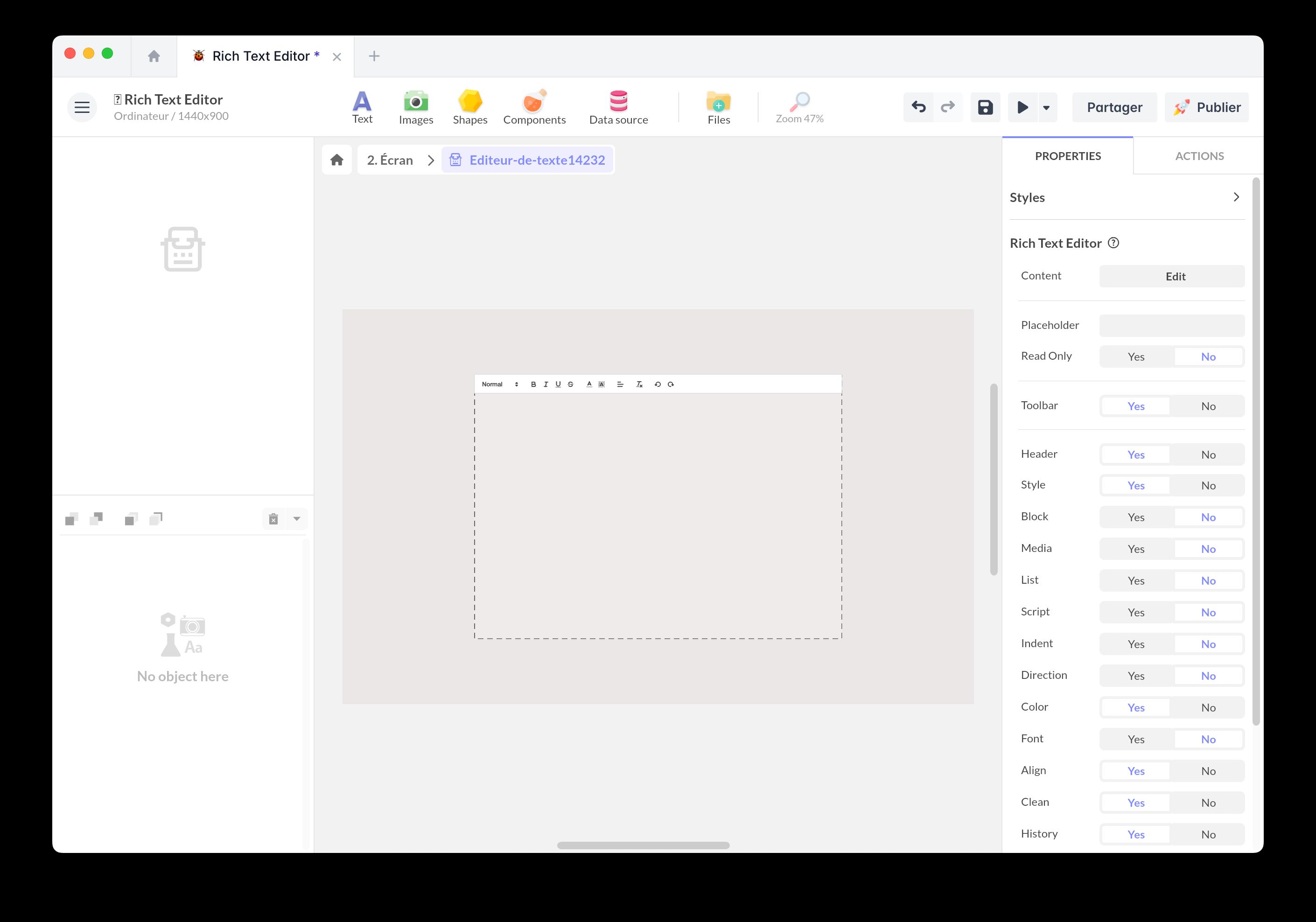 Text editor properties panel with toolbar options