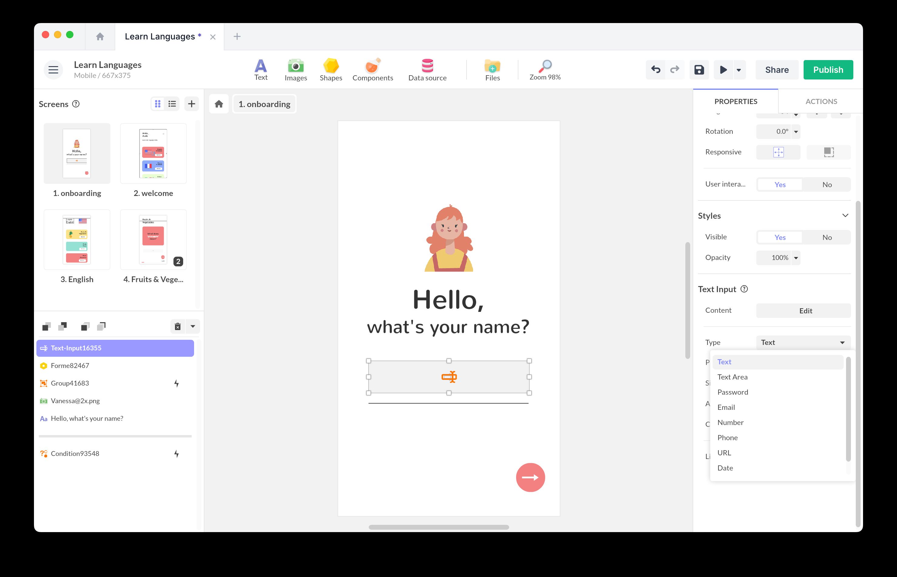 Text entry component