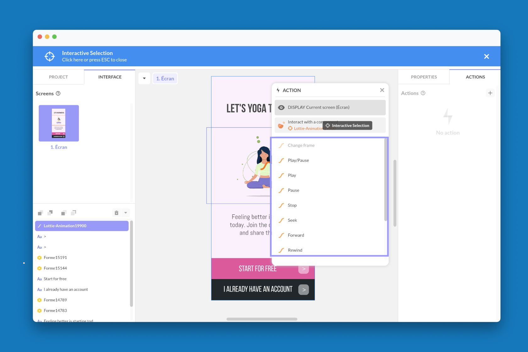 The actions of the Lottie Animation component