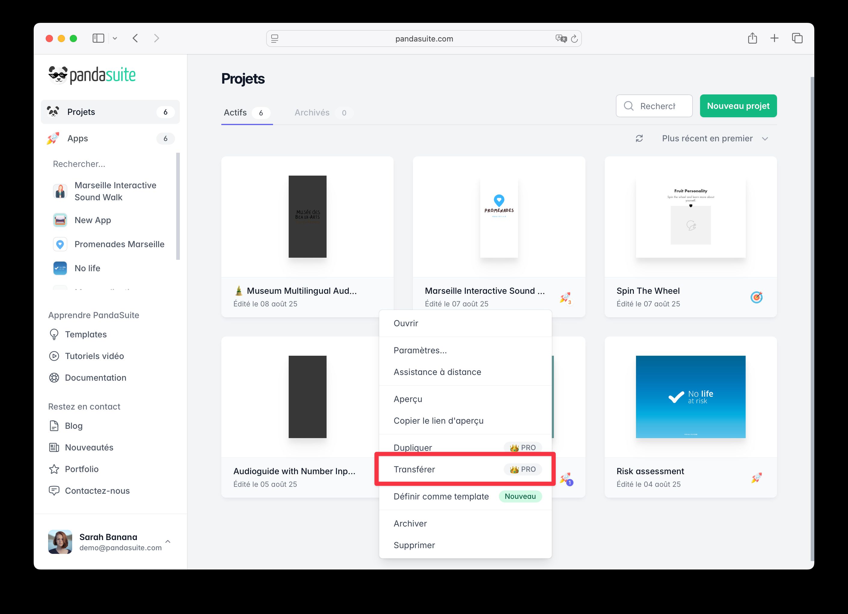 Fenêtre de transfert de projet
