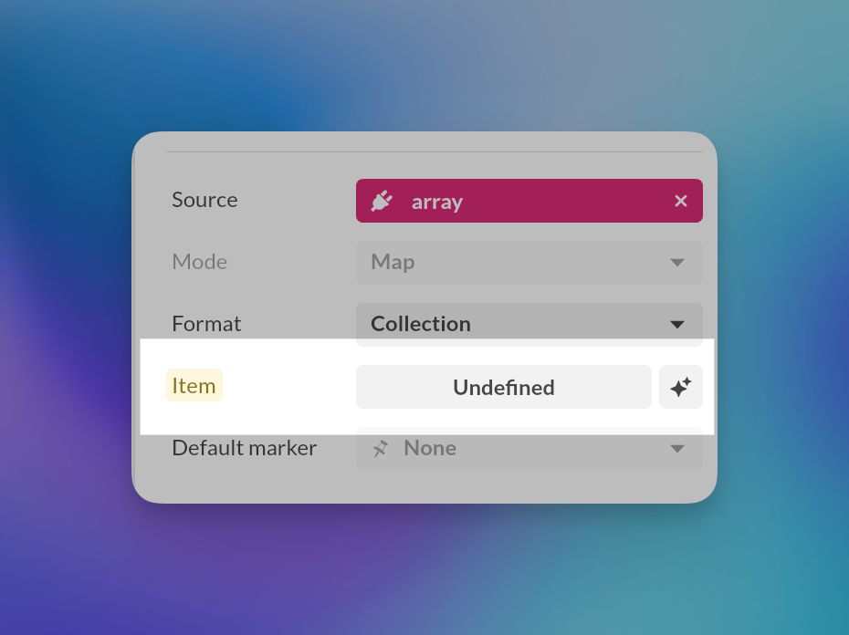Transform component Item field with the regenerate button in Collection format