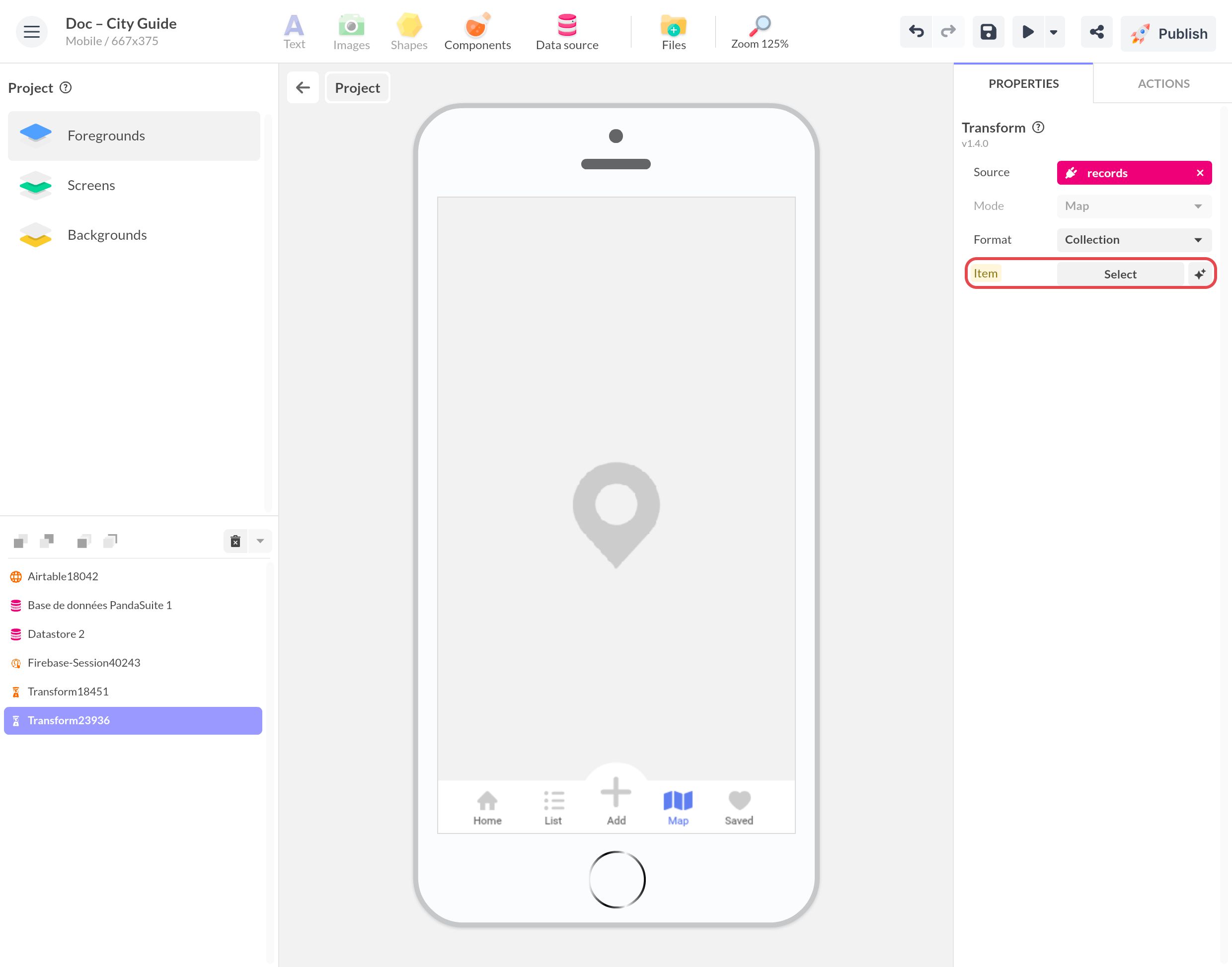 Transform avec les records d'Airtable en Source et le format Collection : le champ Item, encore vide, et son bouton d'auto-configuration, encadrés