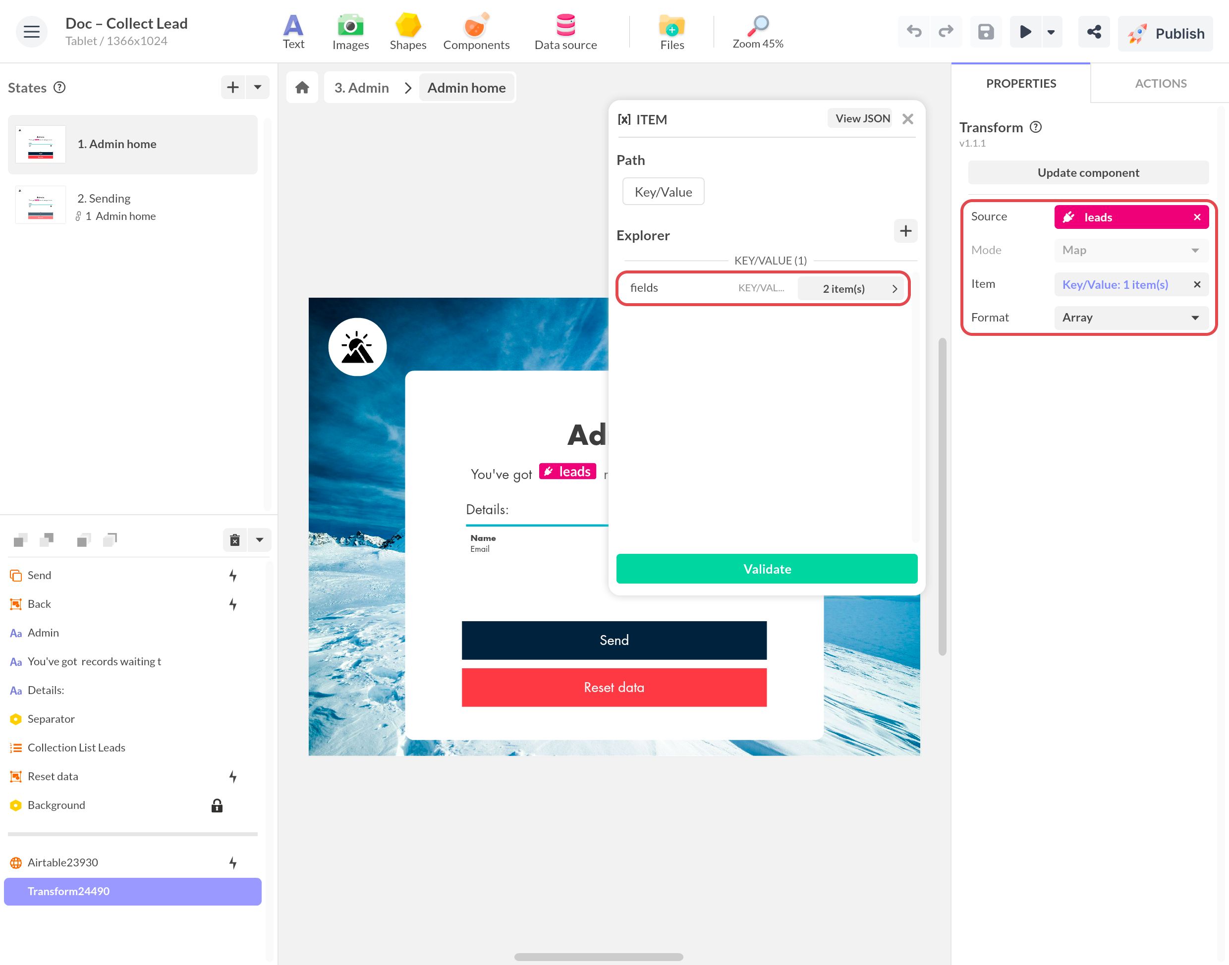 Transform réglé pour Airtable : Source leads, Format Array, et un Item dont les champs sont regroupés dans le nœud fields, encadrés
