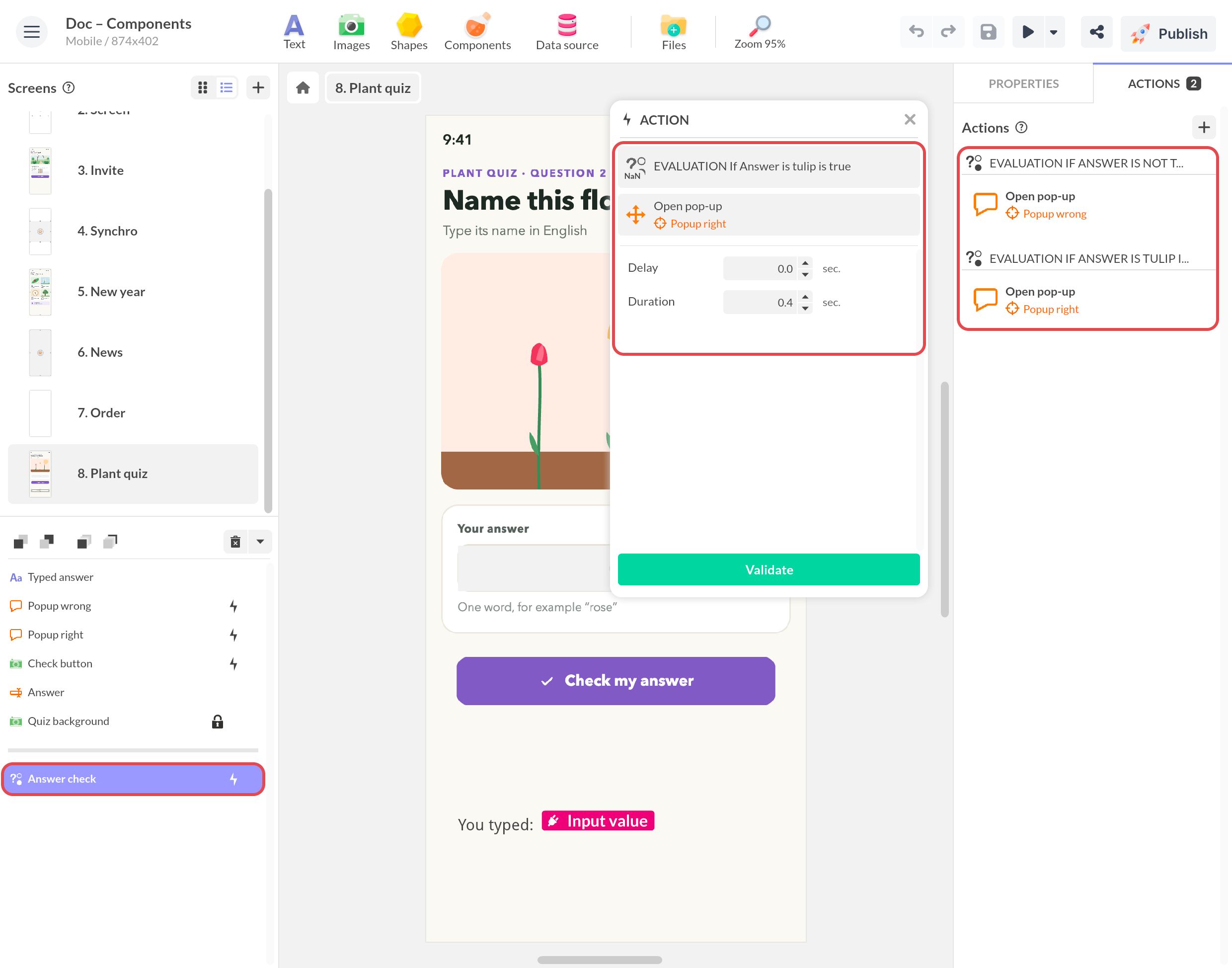 Actions du composant Condition : l'évaluation de Answer is tulip ouvre Popup right, celle de Answer is not tulip ouvre Popup wrong