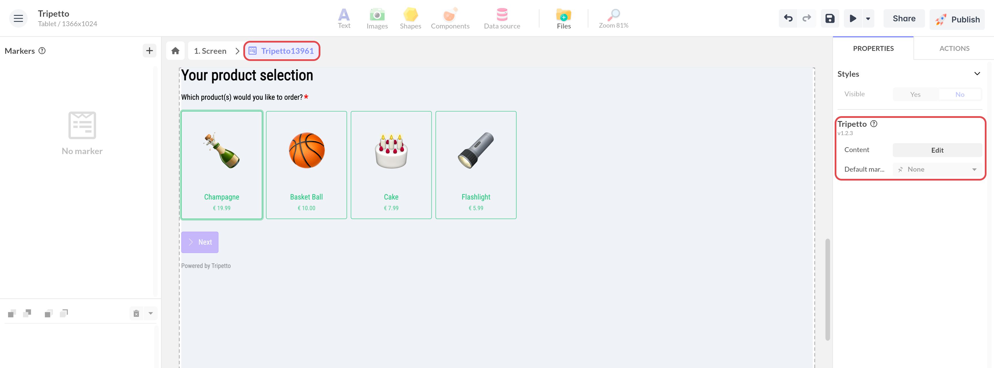 Dans un composant Tripetto de PandaSuite Studio : la question Your product selection propose Champagne, Basket Ball, Cake et Flashlight