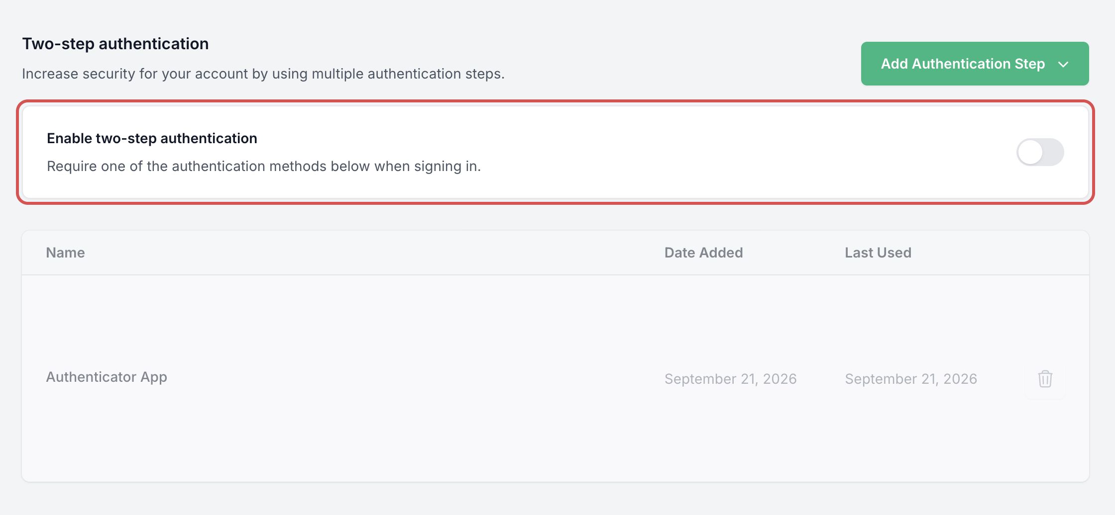 Two-step authentication section of the Security tab: the framed Enable two-step authentication switch, turned off, above the list of methods