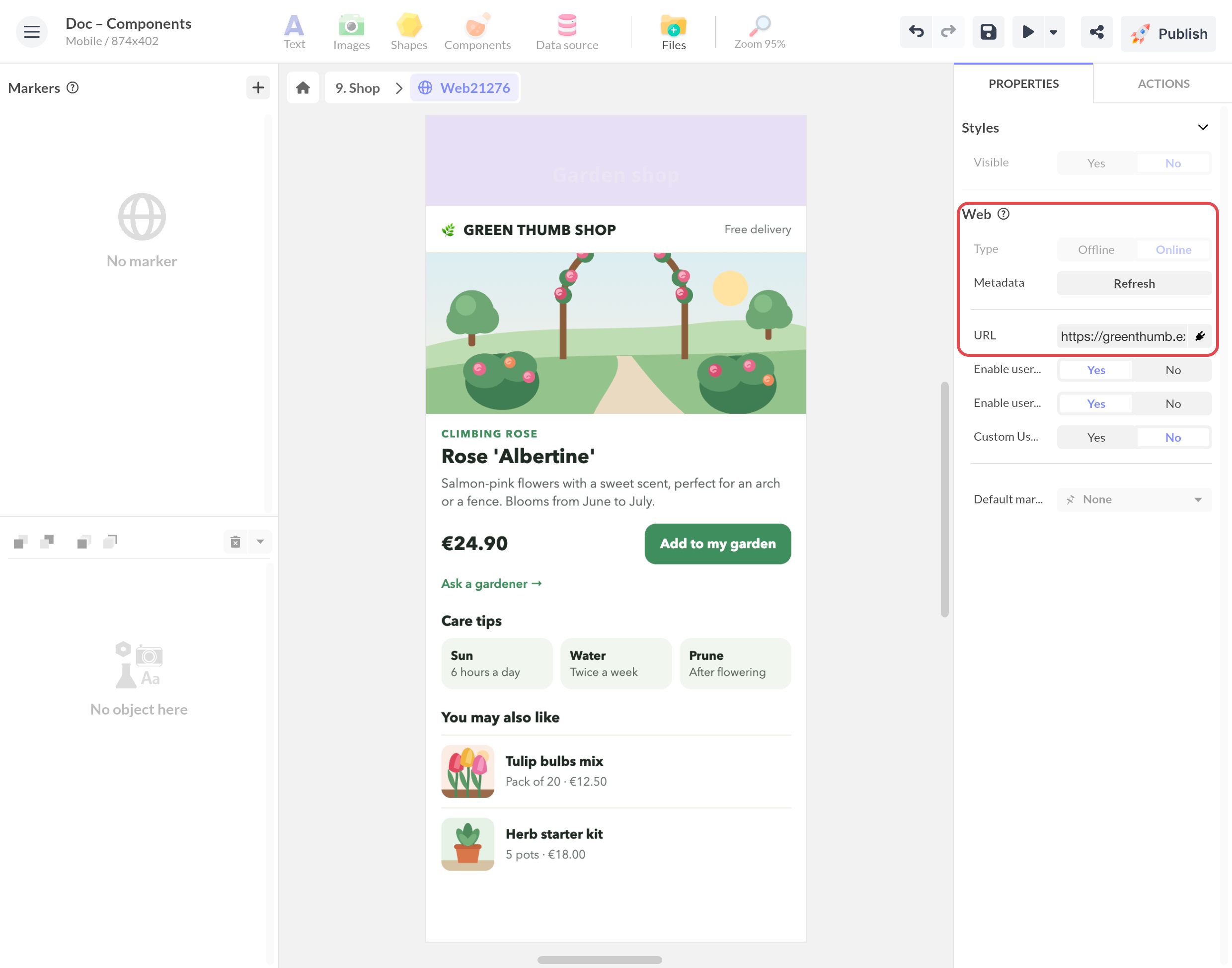 Dans un composant Web en ligne, le site d'une jardinerie remplit l'écran Shop ; la section Web et son URL sont encadrées