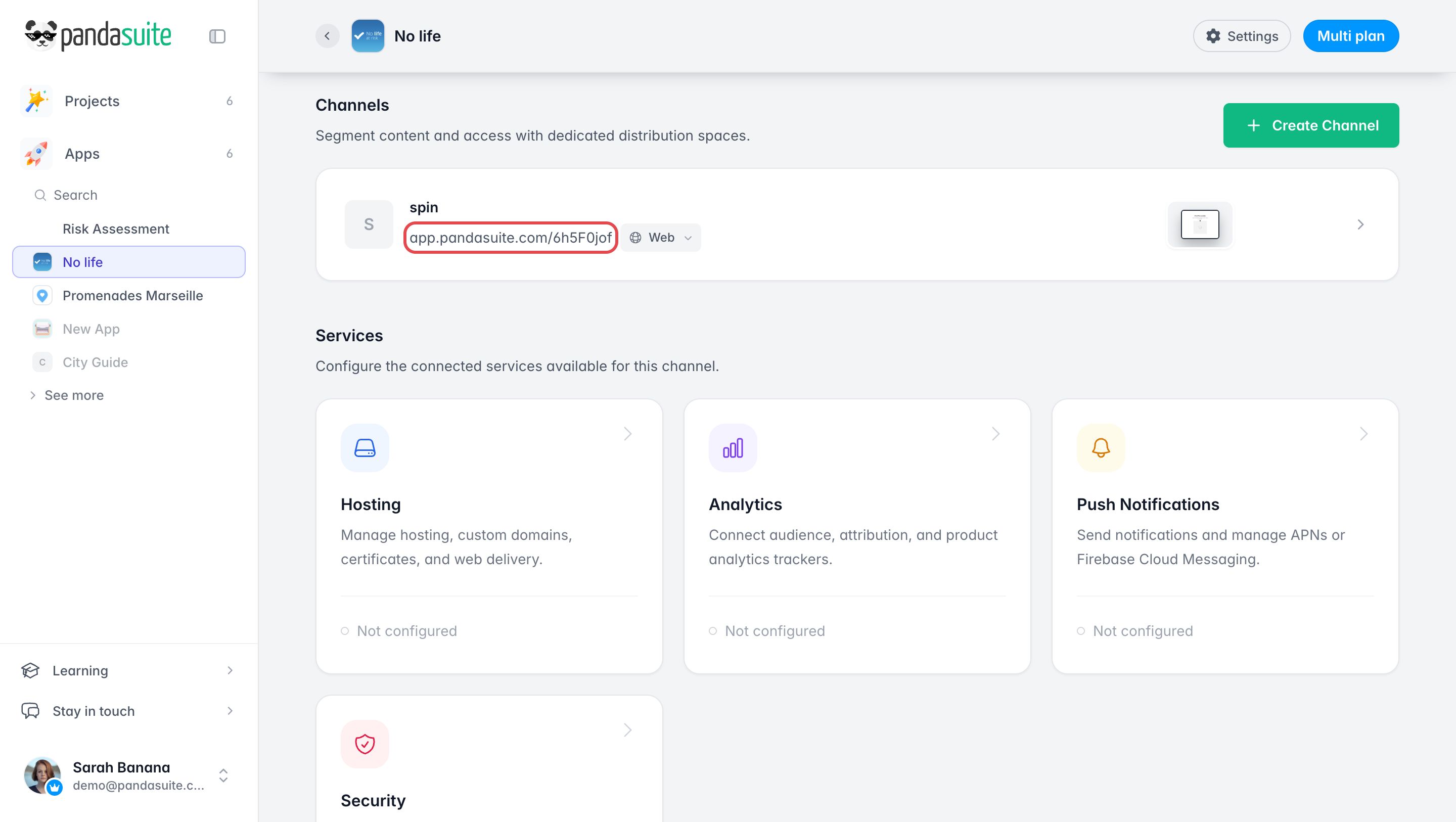 Section Channels de la page d'une app : un channel avec son URL app.pandasuite.com encadrée, au-dessus des Services