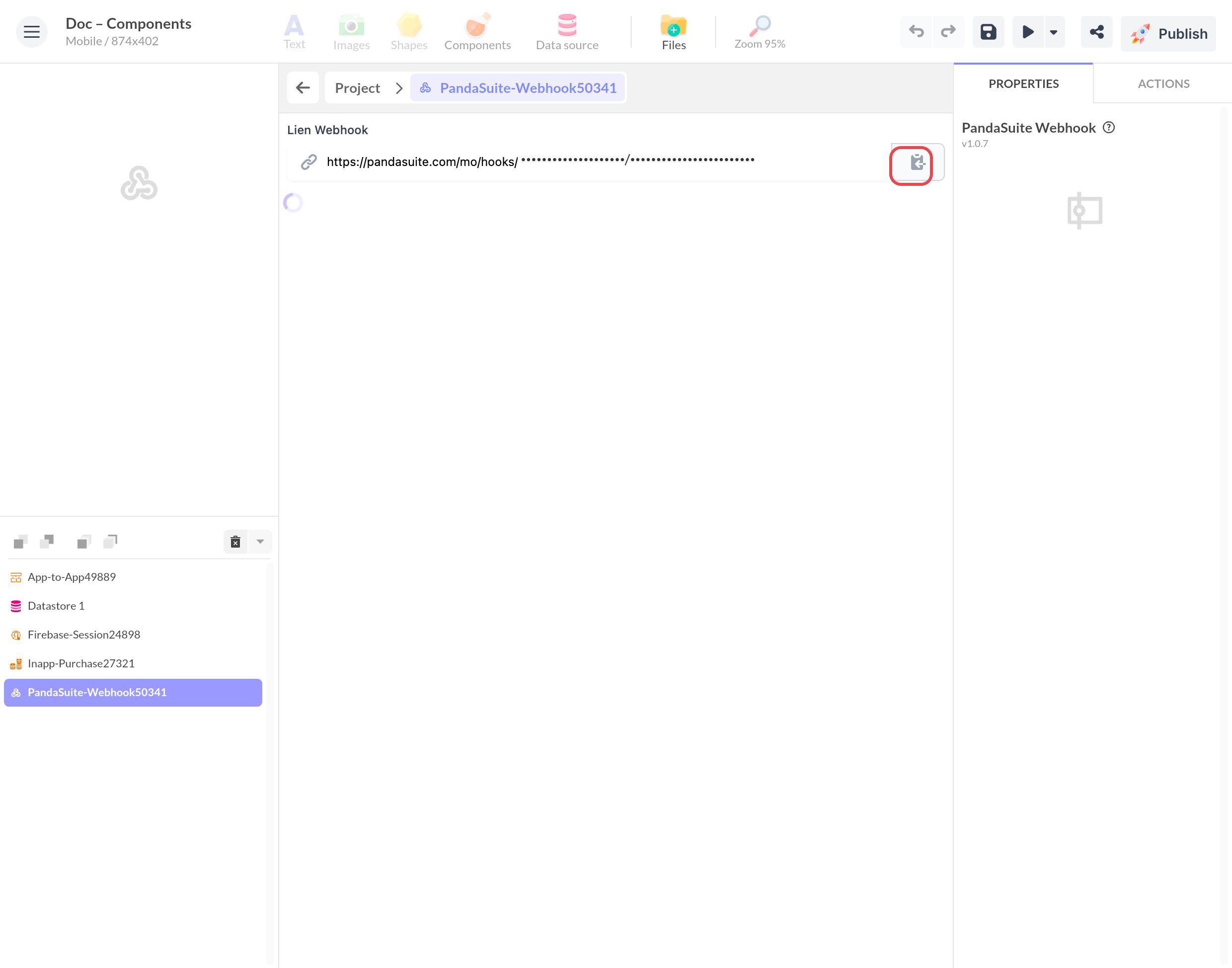Lien d'un composant PandaSuite Webhook, sa partie unique masquée, et le bouton de copie encadré ; dessous, un indicateur d'attente