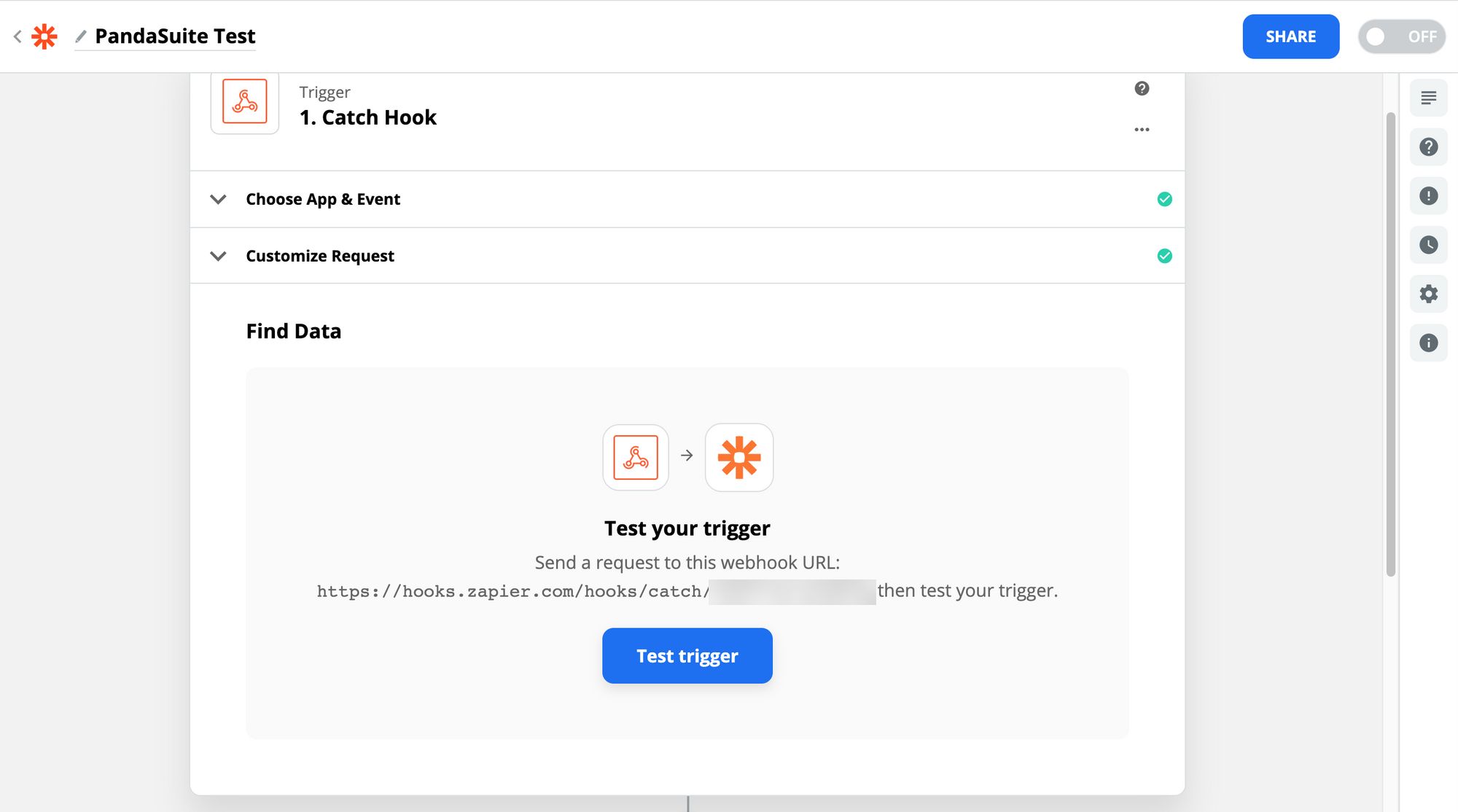 Étape Find Data du Catch Hook Zapier : Test your trigger demande d'envoyer une requête à l'URL du webhook, avec un bouton Test trigger