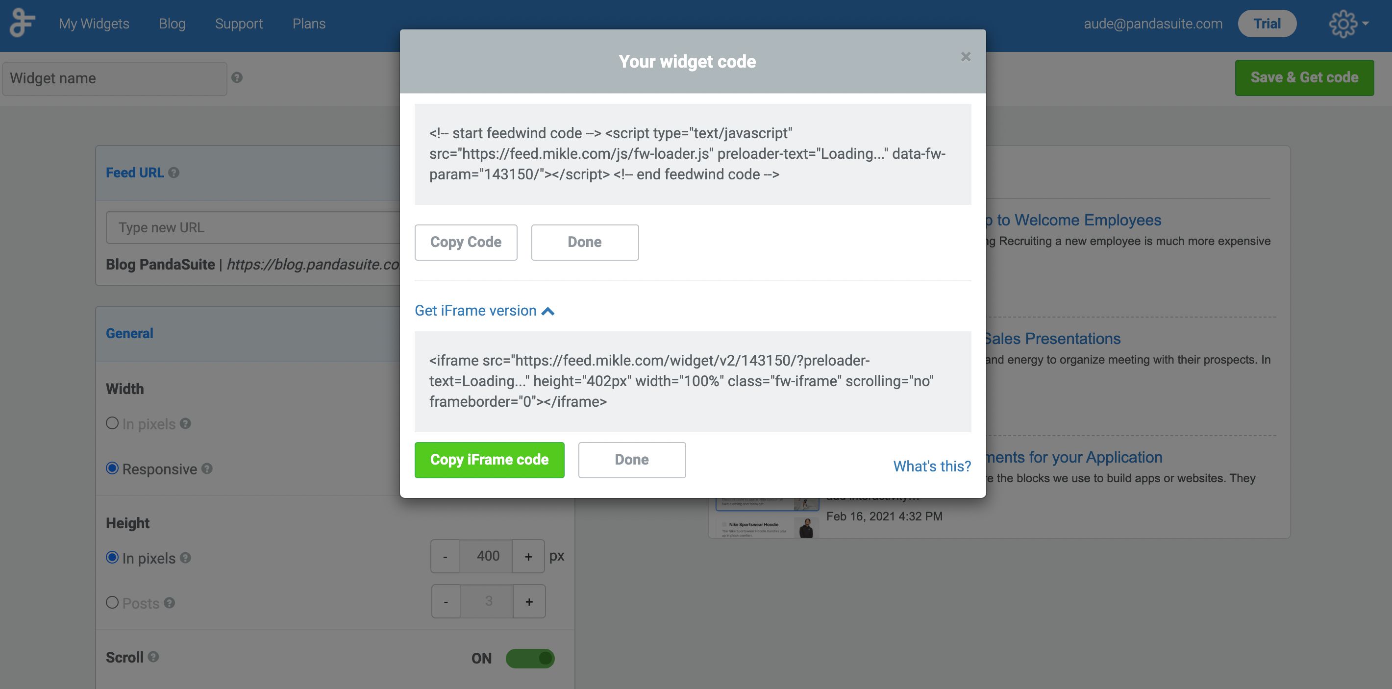 Widget code and iFrame options